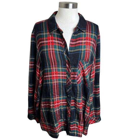 Beach Lunch Lounge Shirt Womens 2X Red Black Green Tartan Plaid Button Down - Picture 1 of 11